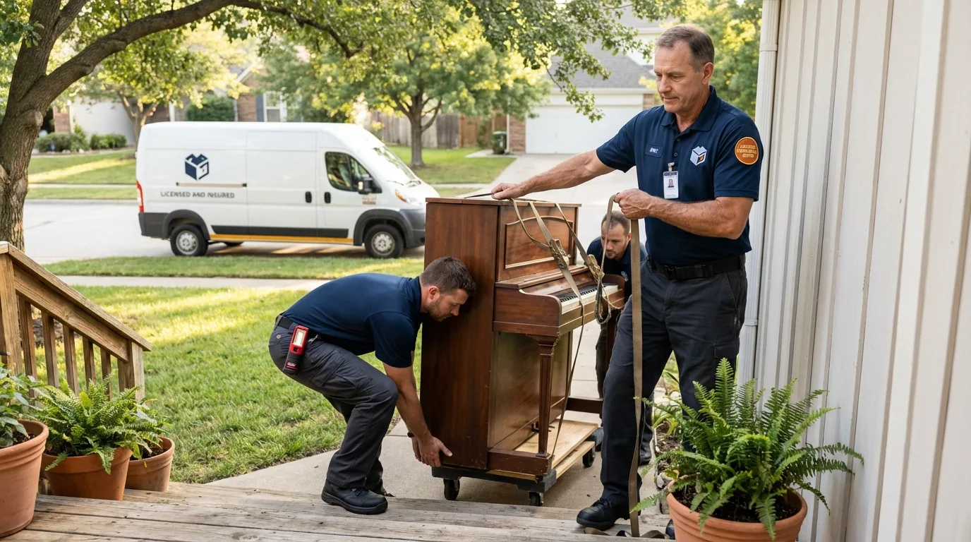 Licensed piano movers securing grand piano in Elkton, MD