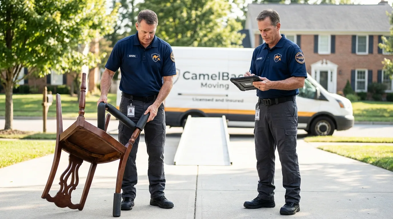 Movers inspecting furniture for damage prevention before loading in Elkton, MD